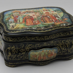 Caja de laca ucraniana única, escuela de pintura artística ucraniana Mstera, "Cuento de hadas sobre el zar Saltan", pintada a mano, papel maché, caja de joyería