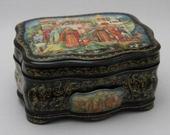 Unique Ukrainian Lacquer Box, Mstera Ukrainian Art Painting School, "Fairy Tale about Tsar Saltan", Hand Painted, Papier Mache, Jewelry Box