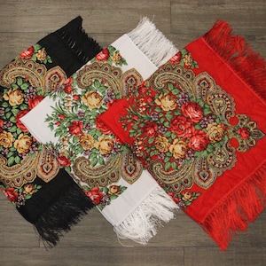 Ethnic Folk  Wool Scarf Slavic Babushka Floral Scarf Modern Chic Boho Chale Russe Floral Design Gift for Her MADE IN UKRAINE