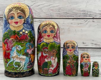 Ukrainische Märchen Handbemalte Schachtelpuppe 5 Stück, Ukrainische Puppe 17 cm oder 6,69 '', Holzspielzeug, Wohnkultur, Kinder Geschenk, Kinderzimmer Dekor