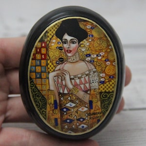 Caja de laca ucraniana, Escuela de pintura artística Fedoskino, Gustav Klimt, hecha a mano, pintada a mano, papel maché, caja de joyería