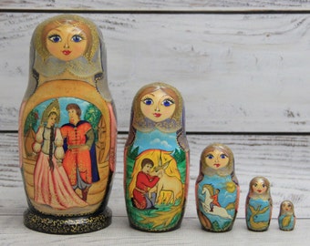 Ukrainian Fairy Tales Hand Painted Nesting Doll 5.9'' or 15 cm, Ukrainian Doll 5 pieces, Wooden Stacking Doll, Wood Toy, Home Decor