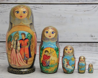 Ukrainian Fairy Tales Hand Painted Nesting Doll 5.9'' or 15 cm, Ukrainian Doll 5 pieces, Wooden Stacking Doll, Wood Toy, Home Decor