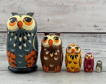 Owl Family Nesting Doll, 5-Piece Hand-Painted Ukrainian Matryoshka
