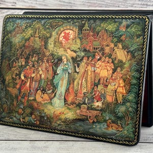 Caja de laca grande, escuela de pintura Palekh, cuento de hadas, hecha a mano, joyero, decoración del hogar, caja de regalo