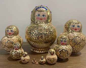 Ukrainian Traditional Hand Painted Nesting Doll 6.29'' or 16 cm, Wood Burning Ukrainian Doll 10 pieces, Wooden Toy, Kids Gift, Room Decor