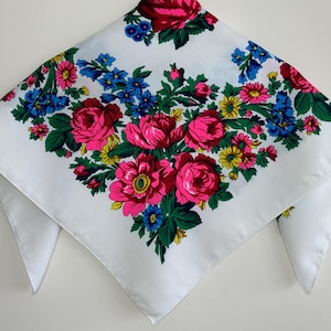 Made in Ukraine SALE! White Slavic Babushka Floral Scarf, Ukrainian Wool Scarf, Modern Boho, Styling with Classic Timeless Floral Design