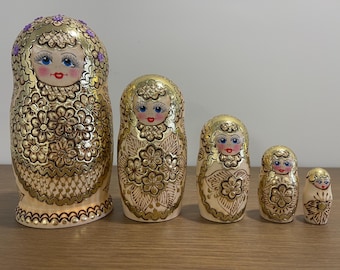 Hand Painted Ukrainian Nesting Dolls Set, 5 Piece Wooden Toy, Home Decor (17.5 cm)