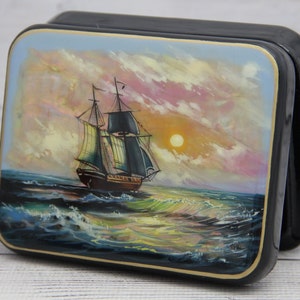 Ukrainian Lacquer Box, Fedoskino Art Painting School, Sea Landscape, Handmade, Hand Painted, Papier Mache, Jewelry Box