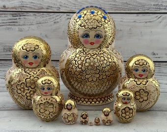 Ukrainian Traditional Hand Painted Nesting Doll 6.29'' or 16 cm, Wood Burning Ukrainian Doll 10 pieces, Wooden Toy, Kids Gift, Room Decor
