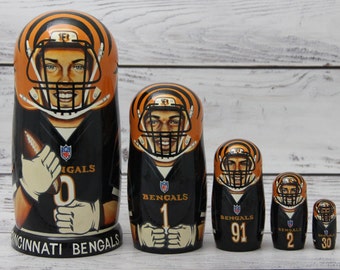Cincinnati Bengals Football Sport Doll 5.9" or 15 cm Hand Painted Ukrainian Nesting Doll 5 pieces Wooden Toy Home Decor Portrait Quality