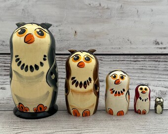Muñeca rusa de búho pintada a mano, matrioska ucraniana, 5 piezas