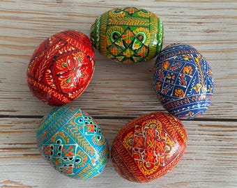 Ovos Pysanky pintados à mão, arte folclórica ucraniana, conjunto de 5 ovos