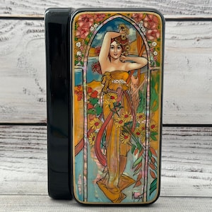 Caja de laca ucraniana, Escuela de pintura artística Fedoskino, Alfonse Mucha, hecha a mano, pintada a mano, papel maché, caja de joyería, caja de baratijas