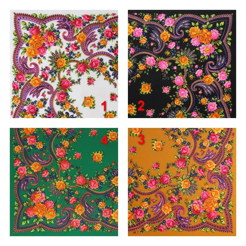 May include: Four different patterned fabric squares with floral designs. The squares are numbered 1 through 4. The patterns are in shades of pink, orange, yellow, green, and blue.