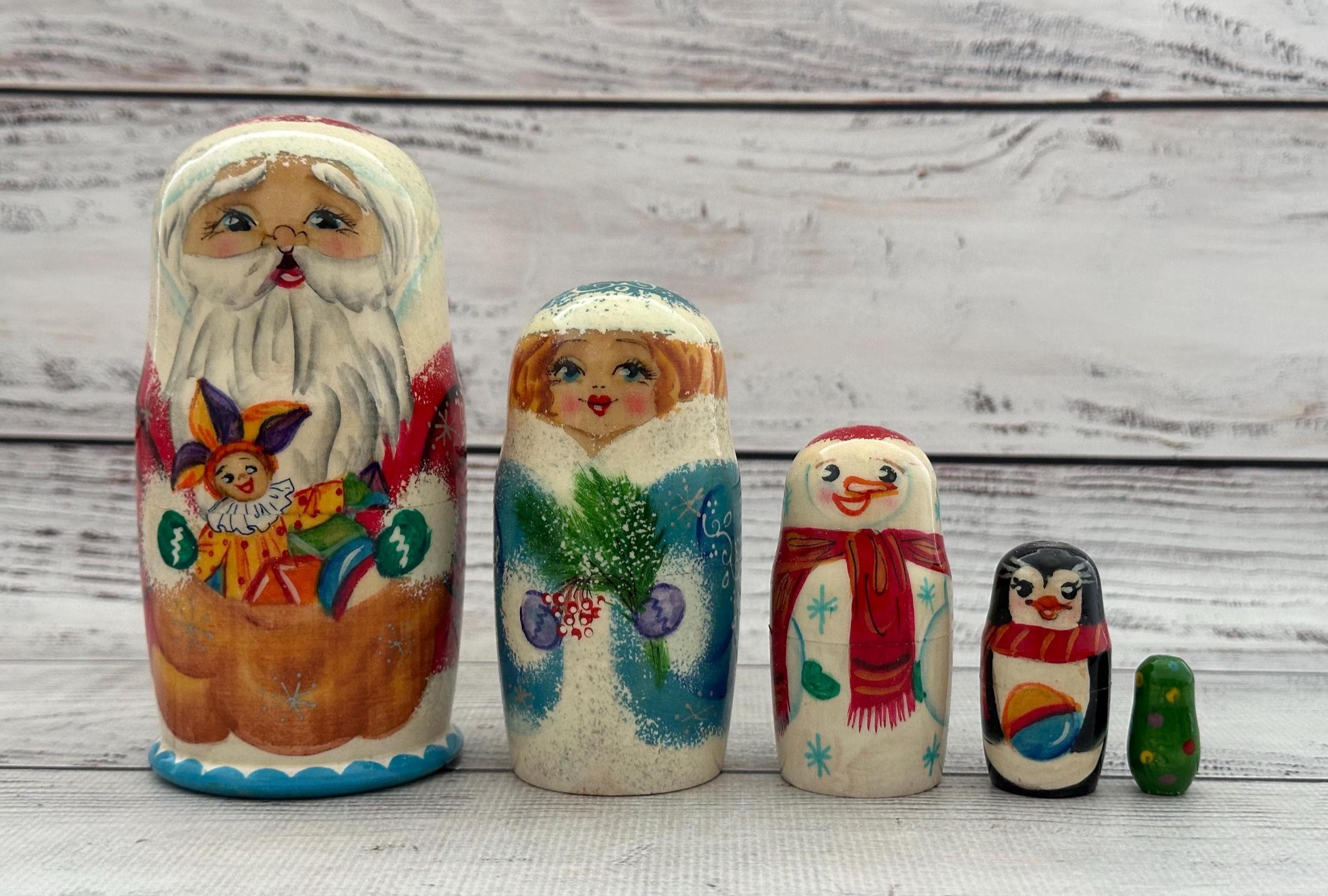 手描きサンタ入れ子人形、5ピース木製マトリョーシカ - Etsy 日本