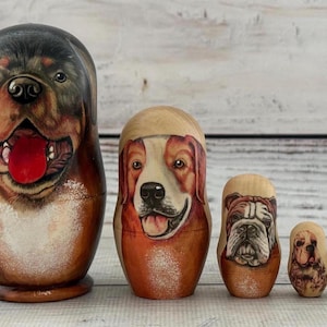 Dogs Ukrainian Nesting Doll 3.93&#39;&#39; or 10 cm, Ukrainian Doll 5 pieces, Gift for Mom, Kids Gift, Animal Toys, Kids Room Decor