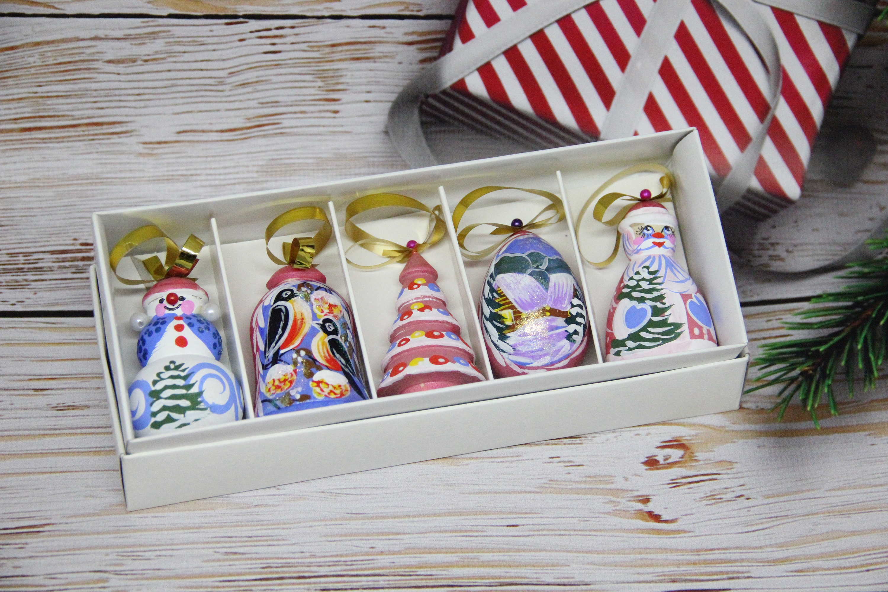Russian Wooden Christmas Tree Ornaments Hand Painted Home Etsy