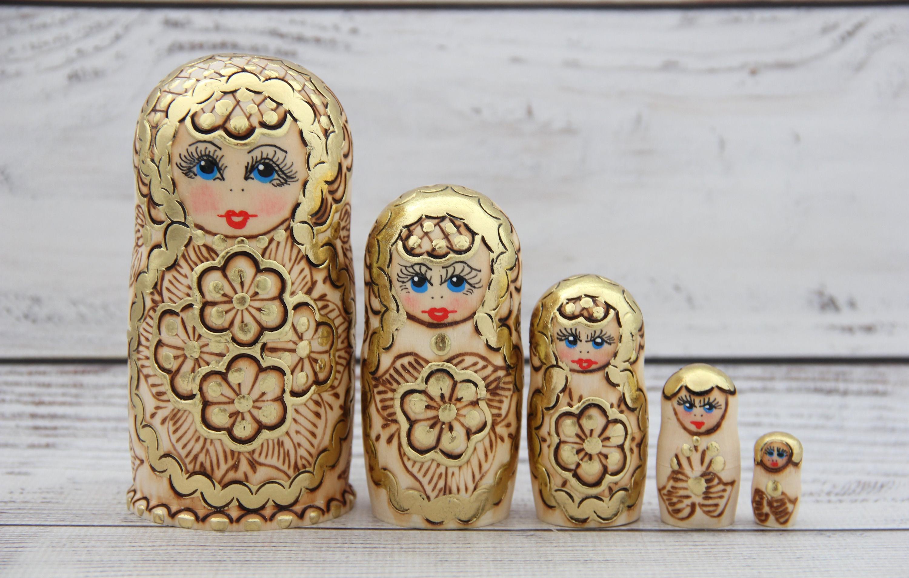 Hand Painted Ukrainian Nesting Doll Set, 5 Piece Wood Burned