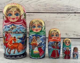 Matriochka Russe Authentique - 6 Poupées - Peinte à La Main - Art Populaire URSS