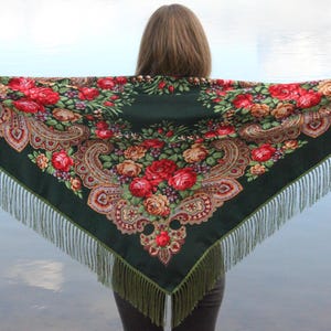 Ethnic Folk  Wool Shawl Slavic Babushka Floral Scarf Modern Chic Boho Styling with Classic Timeless Floral Design Gift for Her