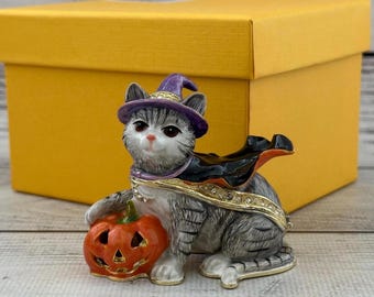 Handmade Enamel Cat Figurine, Faberge Style With Swarovski