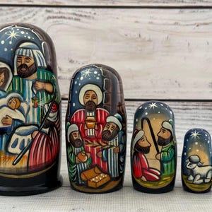 Ukrainian Nativity Nesting Doll Set, Hand Painted Wooden Christmas Gift