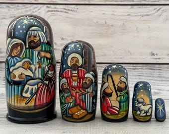 Ukrainian Nativity Nesting Doll 5 pieces 12.5 cm 4.92&#39;&#39;, Wooden Christmas Nesting Doll, Hand Painted Christmas gift, Nativity set