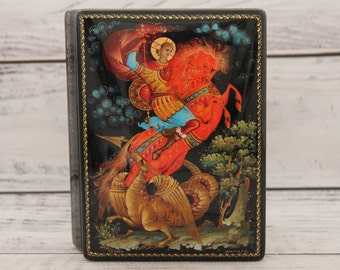 Made in Ukraine Lacquer Box, Ukrainian Palekh Art Painting School, "St. George", Handmade, Hand Painted, Papier Mache, Jewelry Box