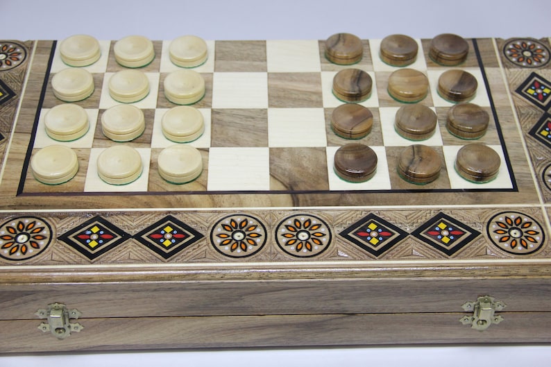 Checkers Hand Carved Wooden Chess Set 18,9/'/' 48 cm Handmade Souvenir Chess Backgammon Table Game Gift for Him