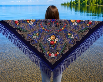 Ethnic Folk Ukrainian Shawl Slavic Babushka Floral Scarf  Chale with Classic Timeless Floral Design Gift for Her MADE IN UKRAINE