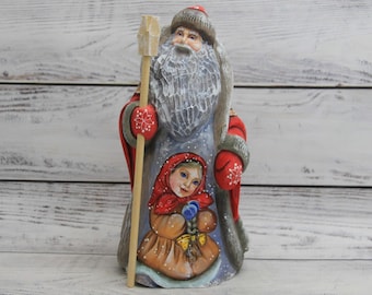 Hand Carved Wooden Santa Figurine: Ukrainian Father Frost, Hand Painted Christmas Decor
