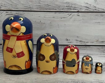 Hand Painted Penguin Nesting Dolls, 5 Piece Wooden Matryoshka Toy, Kids Room Decor