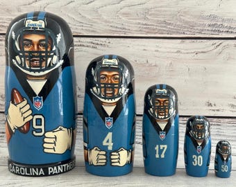 Carolina Panthers Nesting Doll, Football Sport Decor, Hand Painted, 5 Piece