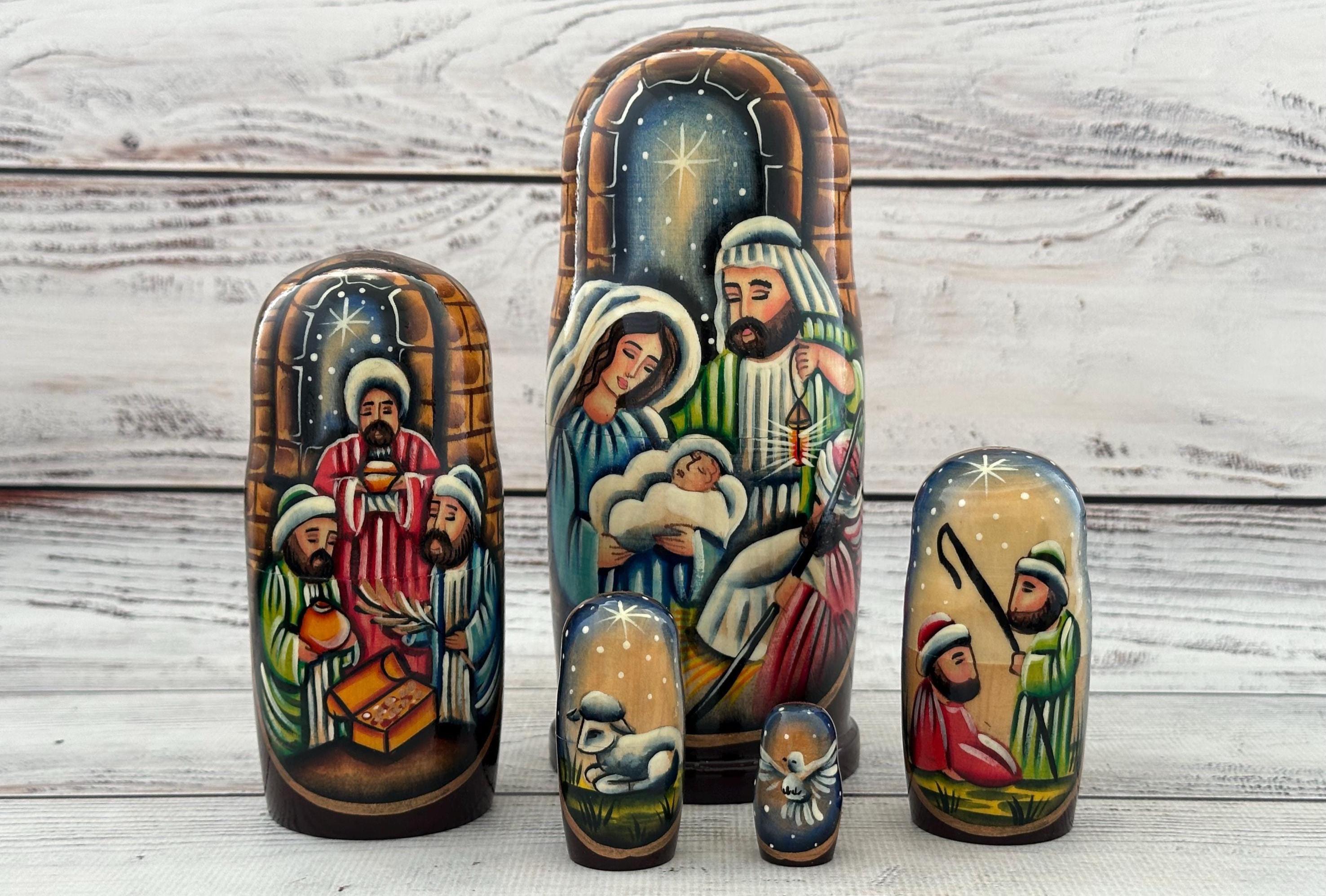 Nativity Nesting Doll 5 pieces 17.5 cm 6.88'', Wooden Christmas Nesting Doll, Hand Painted , Christmas gift, Nativity set