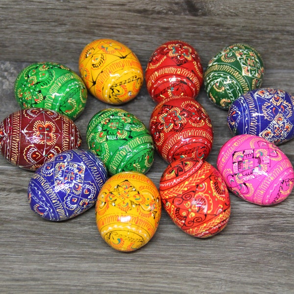 MADE in UKRAINE Hand Painted Wooden Easter Egg Ukrainian Pysanka Petrykivka Pysanky Set of 12 Different Eggs Floral Folk Gift