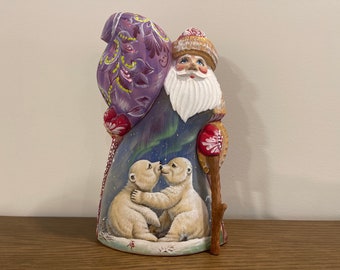 Hand Carved Linden Wood Santa Figurine, Hand Painted Christmas Decor, Polar Bears Aurora Borealis