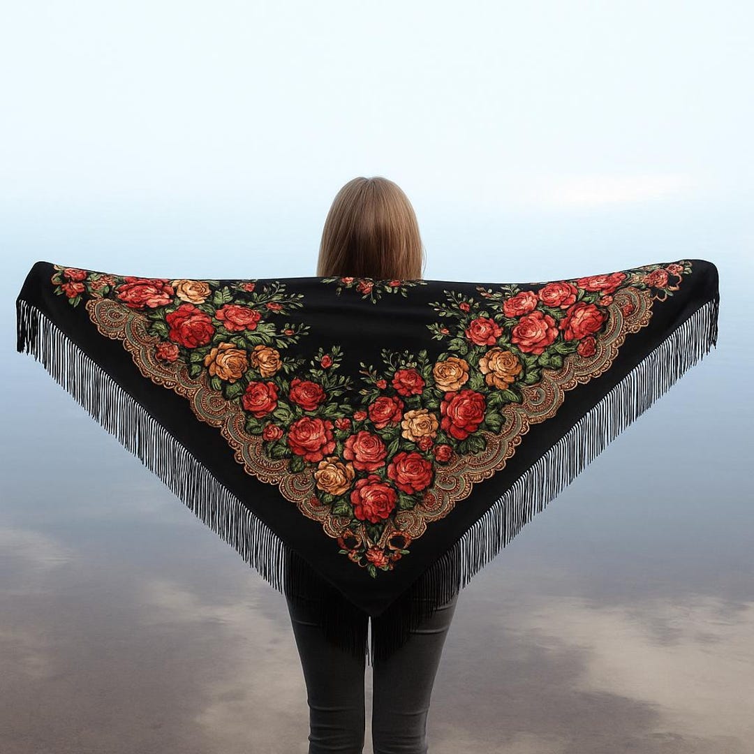 Floral Wool Shawl, Slavic Babushka Scarf, Ethnic Boho Chic, MADE IN ...