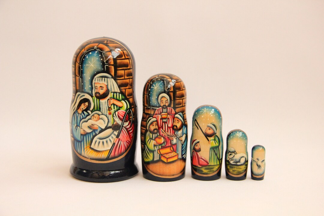 Hand Painted Wood Nativity Nesting Doll, 5PC Set main image 0