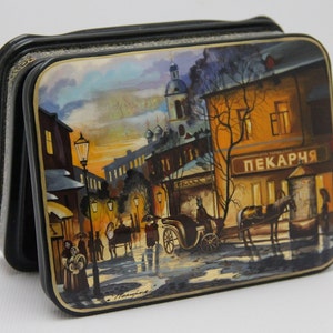 Big Size Ukrainian Lacquer Box, Fedoskino Art Painting School, Old City, Handmade, Hand Painted, Papier Mache, Jewelry Box,Trinket Box