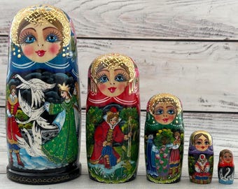 Hand Painted Ukrainian Fairy Tales Nesting Dolls (5 Pieces), Wooden Toy Decor