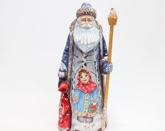 Hand Carved Wooden Santa, Painted Father Frost Figurine (8.66")