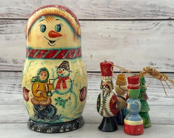 Ukrainian Christmas Ornaments 6.29", Snowman Nesting Doll With Christmas Tree Ornaments, Made in Ukraine, Home Decor, Christmas Decor