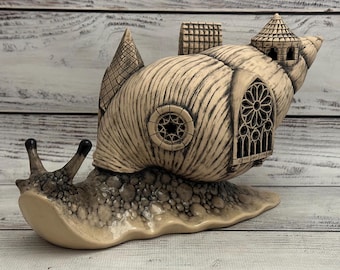 Whimsical Snail House Figurine, Fantasy Garden Decor, Unique Ceramic Sculpture