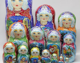 Huge Size Ukrainian Fairy Tales Hand Painted Nesting Doll 19 pieces,  Doll 14.76'' 37.5 cm, Home Decor, Kids Gift, Kids Room Decor