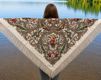 Ukrainian Wool Shawl: Slavic Floral Babushka Scarf, Boho Chic Wrap (110x110cm)