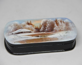 Hand Painted Papier Mache Lacquer Box, Winter Landscape Jewelry Box