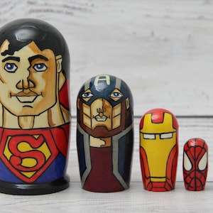 Super Heroes Nesting Doll 4.13&quot; or 10.5 cm Hand Painted  Doll 5pieces, Funny Gifts, , Kids Gift, Wood toys for Kids  Made In Ukraine