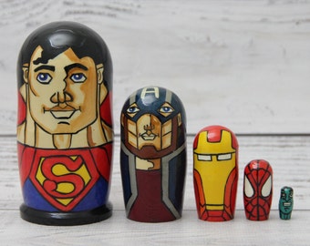 Super Heroes Nesting Doll 4.13" or 10.5 cm Hand Painted  Doll 5pieces, Funny Gifts, , Kids Gift, Wood toys for Kids