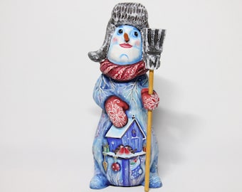 Hand Carved Painted Wooden Snowman, Linden Wood Christmas Decor, Made Ukraine